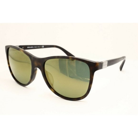 Prada SPR 20S-F HAQ-5P0 Matte Havana Brown Sunglasses Mirrored Glass Green lens - Picture 1 of 6